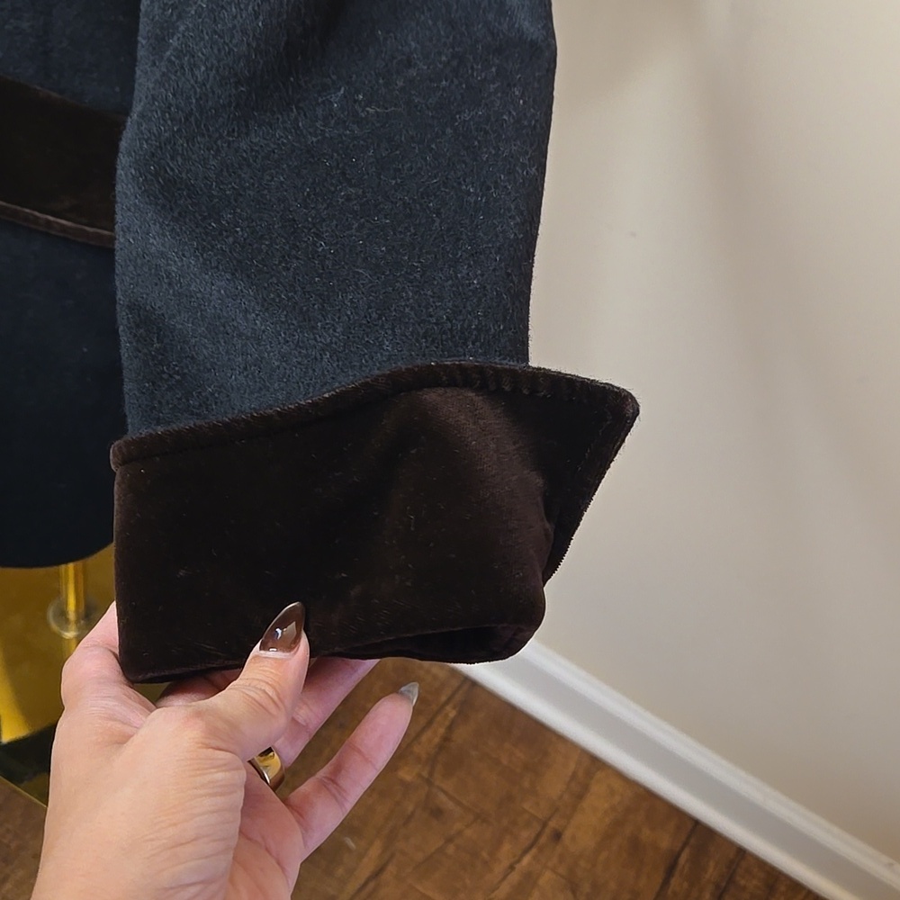 Vintage Black Wool Blend Double Breasted Jacket Gold Buttons Brown Velvet Trim M - Picture 5 of 10